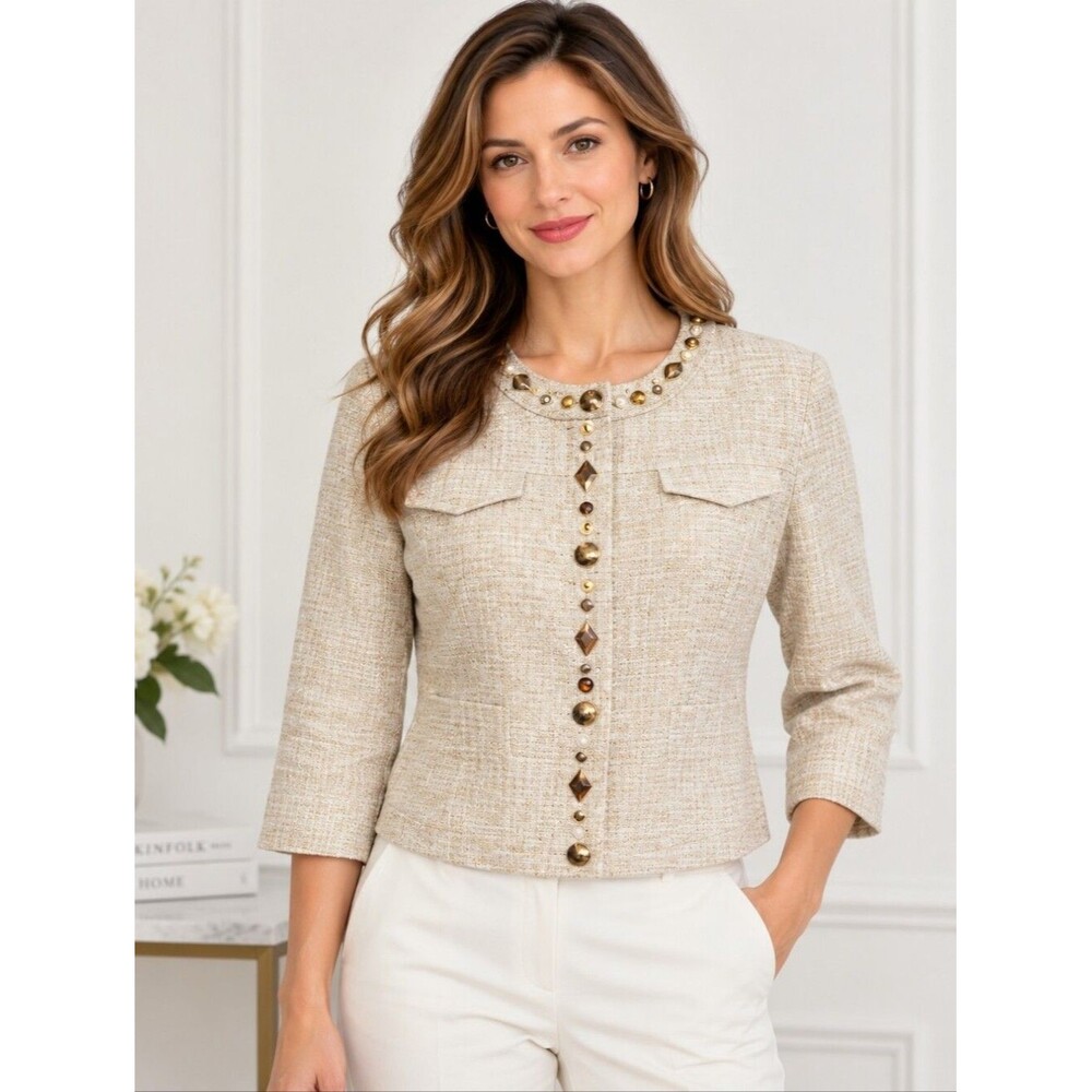 EUC Ruby Rd women's gold accent beaded crop top Jacket blazer 10P tan